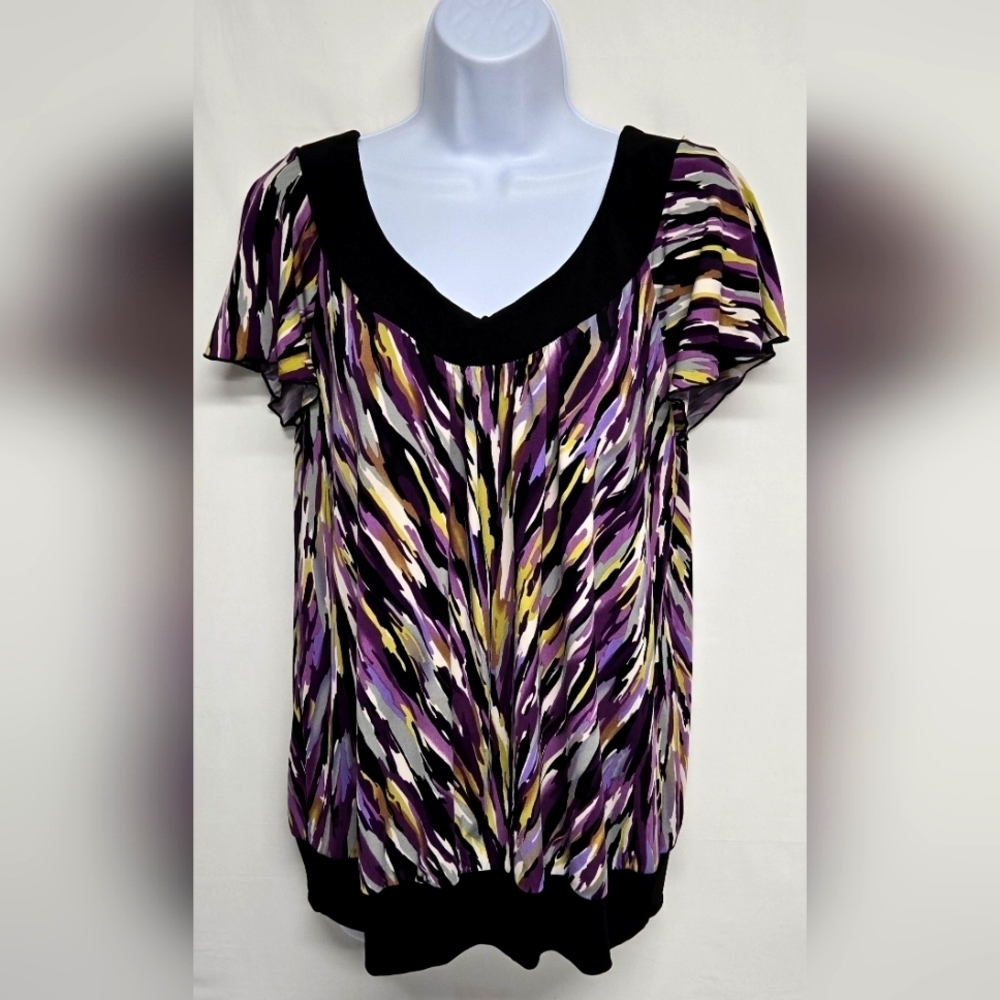 AGB L Slinky Stretch Knit Pullover Tunic Top Colorful Cap Sleeve